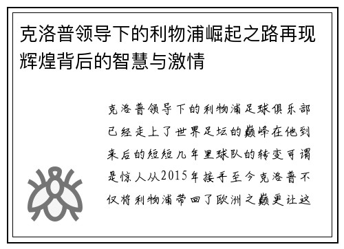 克洛普领导下的利物浦崛起之路再现辉煌背后的智慧与激情