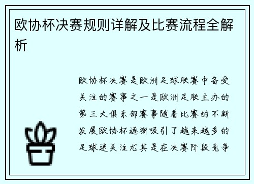 欧协杯决赛规则详解及比赛流程全解析